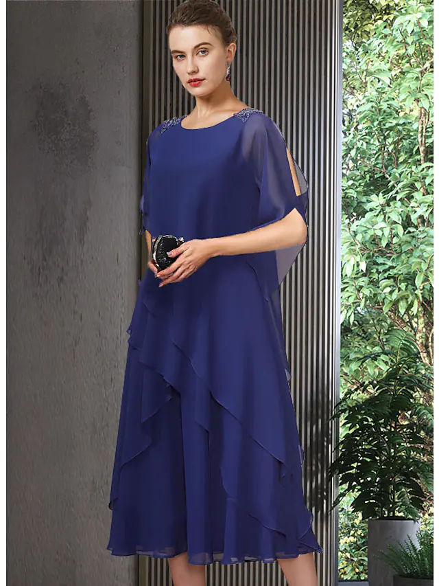Luolandi A-Line Blue Mother of the Bride Dress Elegant Jewel Neck Tea Length Chiffon Half Sleeve with Cascading Ruffles Royal Blue